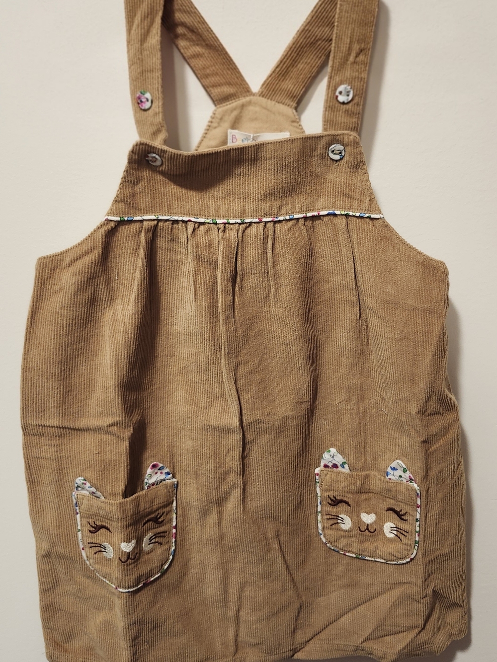 Girls' Brown Corduroy Cat Pocket Overall Dress